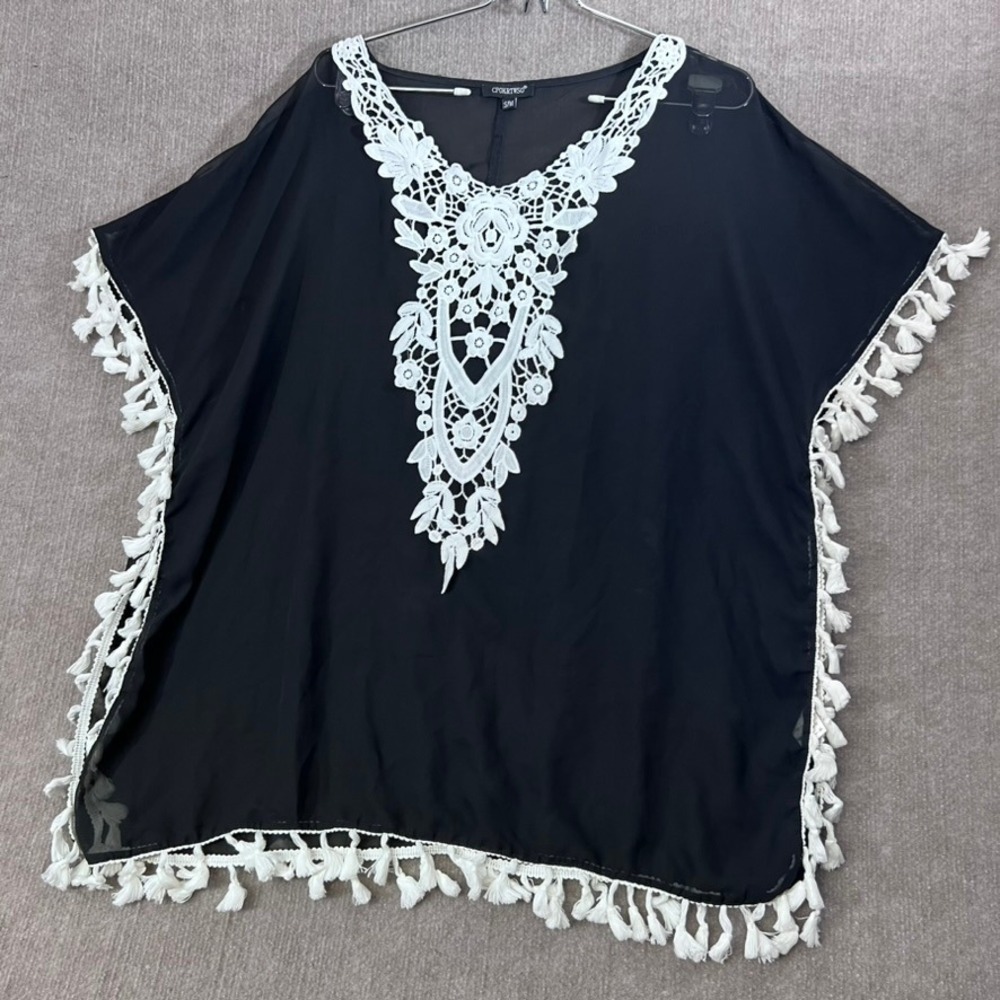 Black Crochet Lace Sheer‎ Tassel Cover Up Top Beach Swim Pool Resort S/M